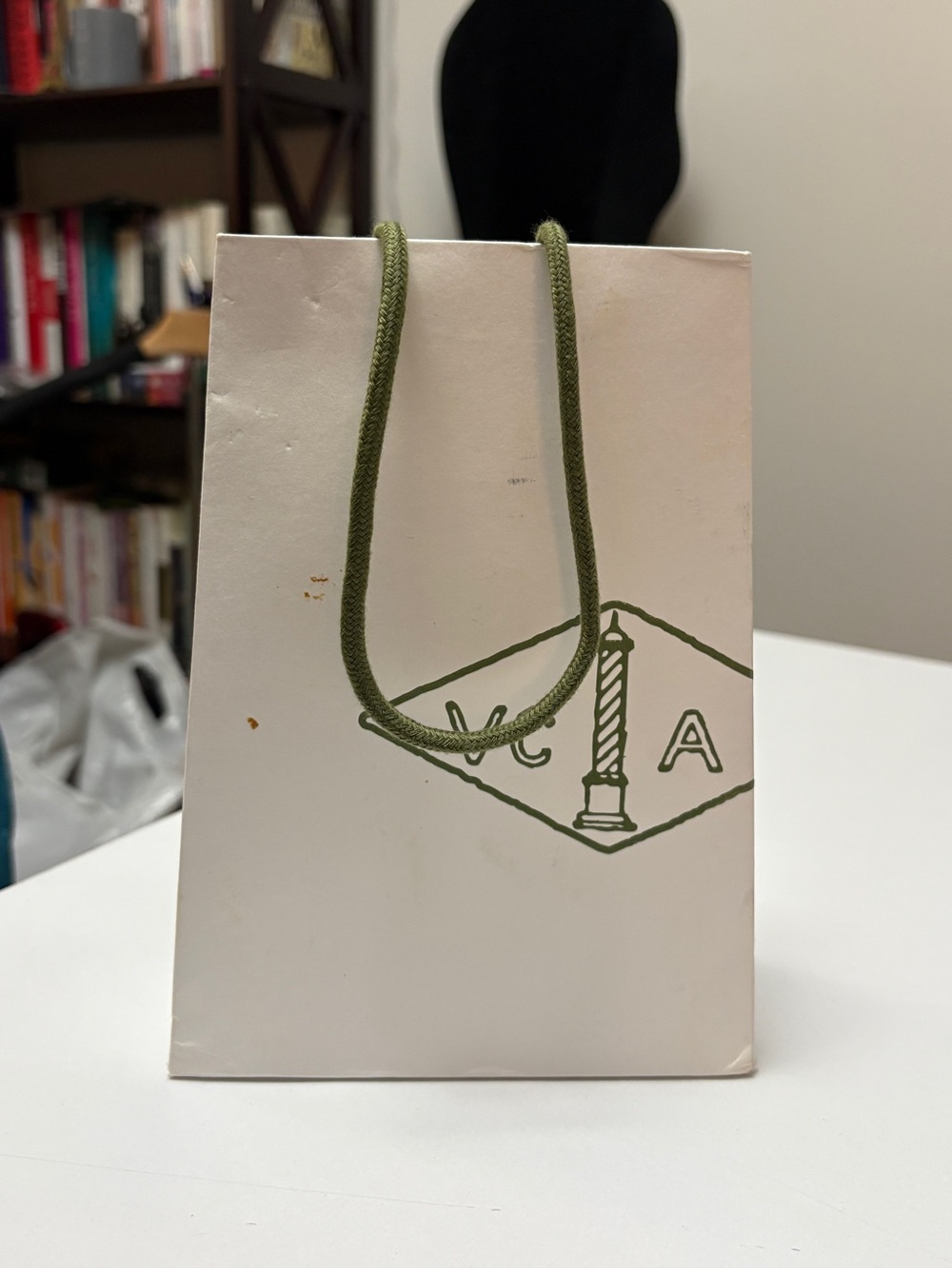 Van Cleef & Arpels White Gift Bag with Olive Rope Handle. 5.5”x2.5”x7.75”
